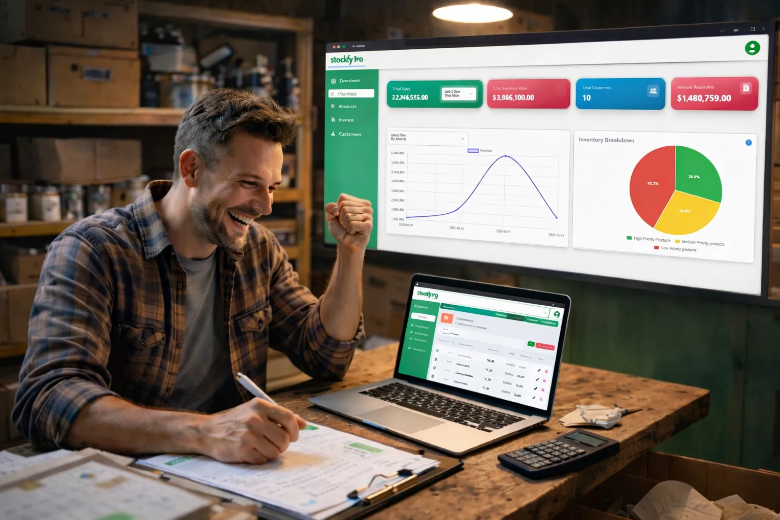 Small business owner happy over inventory management using stockfypro.