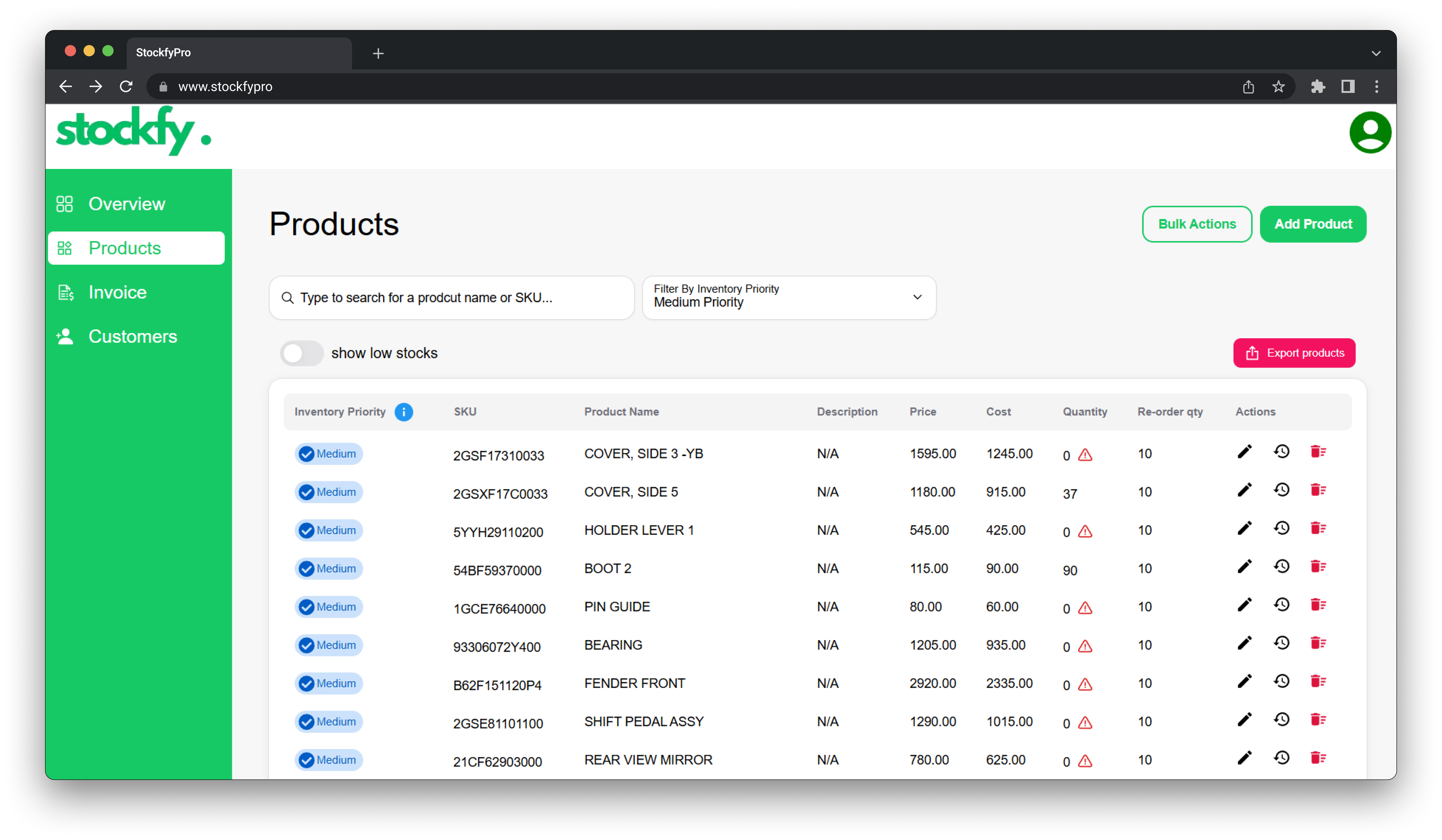 Screenshot of Stockfy Pro inventory dashboard showing product list and stock levels